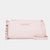 A light pink monogrammed crossbody bag with gold-tone hardware and a chain strap, displayed against a solid off-white background.