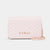 A light pink crossbody bag with a subtle repeating monogram pattern, featuring a gold-tone 'bobo' logo on the front and a matching chain strap, set against a plain light gray background.