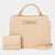Beige faux-croc textured handbag set with a top handle, shoulder strap, and matching small wallet, featuring a gold-tone 'bebe' logo plaque on the front.
