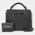 Black embossed leather handbag set with a top handle, gold-tone logo plate reading 'bebe', and a matching small wallet, shown on a light gray background.
