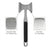 A stainless steel meat mallet with a black handle, shown on a white background with two inset callouts explaining its two sides: a grooved side for tenderizing and a flat side for pounding.