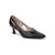 A single black leather pointed-toe pump with a low kitten heel and side cutouts, shown from a three-quarters angle on a white background.