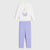 A two-piece children's pajama set featuring a white long-sleeve top with a cute angel bottle graphic and light purple leggings, displayed flat on a light gray background.
