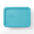 A turquoise blue rectangular Pyrex storage container with a matching lid, shown from a top-down view on a clean white background.