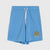 Light blue sweat shorts with a white drawstring and a yellow and black 'SKATE PLAY FUN' graphic on the lower left leg, shown against a light gray background.
