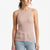 A woman wearing a ribbed sleeveless tank top in a dusty rose pink color, paired with light blue jeans, against a plain white background.