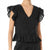 A black short-sleeve blouse with a deep V-neck, button-front closure, and ruffled sleeves with sheer lace inserts, shown on a model against a white background.