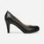 A single black leather high-heeled pump with a rounded toe and slim heel, shown in profile against a light gray background.