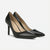 A pair of black leather pointed-toe high heels with slim stiletto heels, shown on a light gray background.