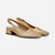 A pair of metallic gold slingback pumps with pointed toes and low block heels, shown on a light gray background.