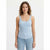 A woman modeling a light blue ribbed tank top with delicate lace trim along the scoop neckline, paired with light-wash blue jeans against a plain white studio background.