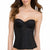 A black strapless corset top with lace trim and structured cups, shown on a model against a plain white background.