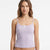 A woman modeling a light lavender camisole tank top with thin straps, a small bow at the neckline, and a subtle textured pattern, set against a plain white background.