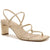 A metallic gold strappy sandal with a square toe and a chunky block heel, shown from a side profile on a white background.
