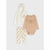 A three-piece baby clothing set laid flat on a light gray background. The set includes a cream-colored hooded cardigan with bear ears, a tan long-sleeve bodysuit with a bear face graphic, and cream leggings with a tan bear print.