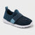 A toddler slip-on mesh sneaker in navy blue with a light blue hook-and-loop strap and a white sole, shown on a light gray background.