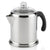 A stainless steel moka pot with a black handle and a clear glass lid, shown on a white background with a soft reflection.