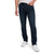 Person wearing dark blue jeans and white sneakers on a white background