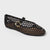 Black woven shoe with a gold buckle on a light gray background