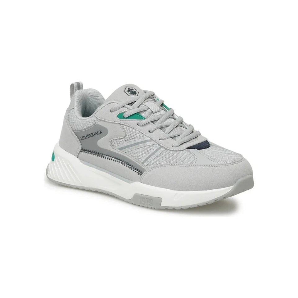 A light gray and white Lumbrak running shoe with small green accents on the laces and heel, shown from a three-quarters angle on a white background.