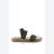 A single flat espadrille sandal with dark olive green ruched straps and a beige woven jute sole, shown against a plain white background.