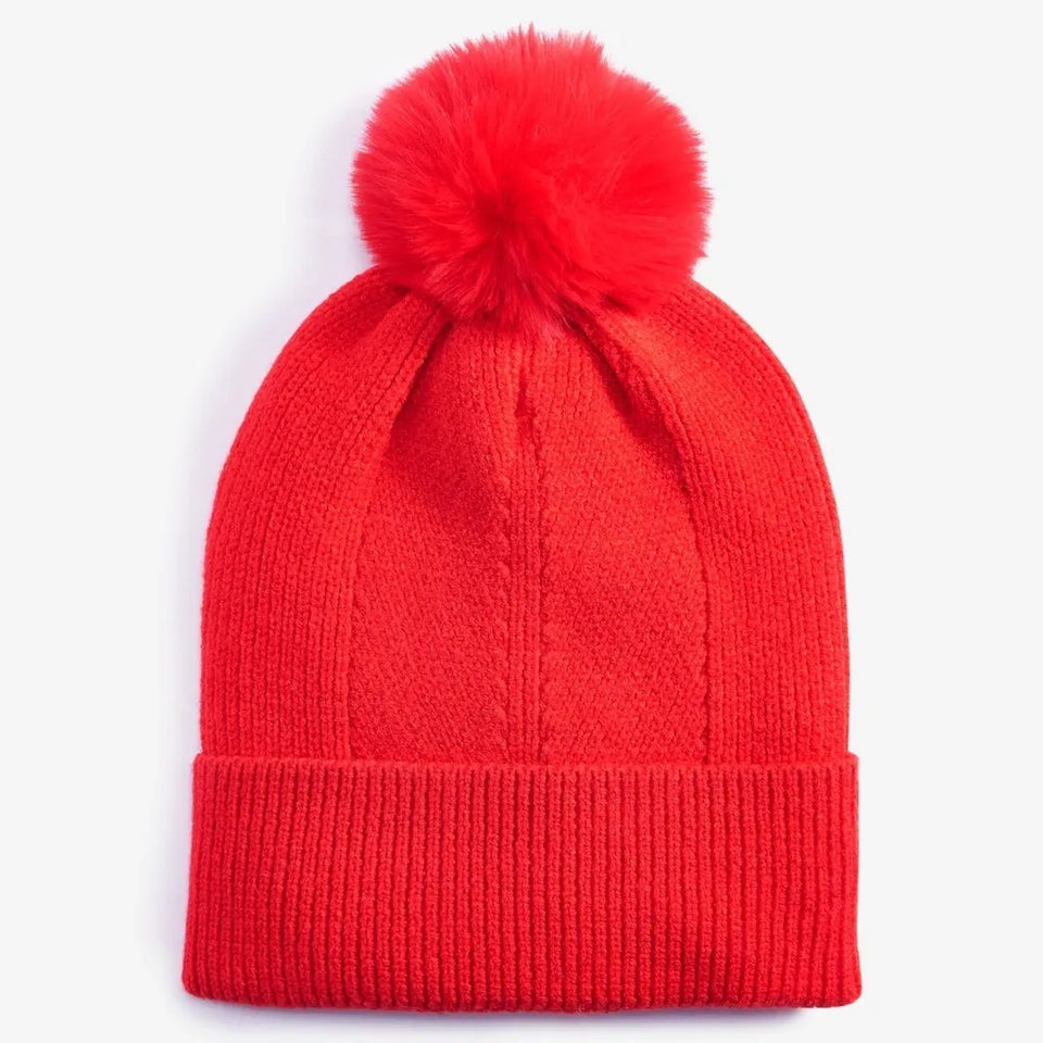 On 34th Women's Red Stitch Faux-Fur Pom Pom Beanie