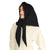 A woman wearing a black knit headscarf or bonnet tied under her chin, paired with a cream-colored top, set against a plain white background.