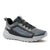 A single athletic running shoe shown from the side against a plain white background. The shoe features a gray and black mesh upper with a light blue geometric side stripe, a gray heel counter, and a thick white and gray treaded sole.