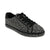 A black low-top sneaker covered in silver rhinestones, featuring black laces and a black sole with a white edge, shown against a plain white background.