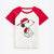 A kids' raglan t-shirt featuring a white body and red sleeves, with a graphic of Snoopy wearing a red cap and sunglasses holding a red gift box on the front. The brand name 'EPIC' is printed inside the collar.