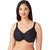 A woman modeling a black wireless bra with lace trim on the underband and thin shoulder straps, shown against a plain white background.