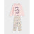 A two-piece children's pajama set featuring a light pink long-sleeve top with a Peppa Pig graphic and matching patterned pants on a light gray background.