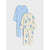 Two baby long-sleeve footless one-piece sleepers shown on a light gray background. The top sleeper is light blue, and the bottom sleeper is cream with a blue flower and green leaf print.