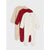 Three baby footed sleepers in a three-pack, featuring a solid beige one, a solid red one, and an off-white one with a small red and brown holiday print, displayed against a light gray background.