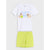 A two-piece kids' outfit set featuring a white short-sleeve t-shirt with a 'Life is Better with a Dog' graphic and matching neon yellow shorts, displayed on a light gray background.