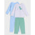 A three-piece children's pajama set featuring a light gray long-sleeve top with a green dinosaur graphic, light blue patterned pants, and mint green pants, displayed against a light gray background.