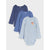 Three long-sleeve baby bodysuits in shades of blue and navy, arranged in a diagonal stack. The front bodysuit is light blue with a small lion graphic on the chest, and the brand name 'KING' is visible on the collar.