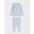 A two-piece children's loungewear set in light blue, featuring a long-sleeve top with a front kangaroo pocket and matching leggings, laid flat on a light gray background.