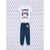 A two-piece kids' pajama set featuring a white short-sleeve t-shirt with a colorful video game controller graphic and the text 'GAMER LIVING MY BEST LIFE' in blue and pink, paired with navy blue jogger pants with a white circular logo on the left thigh, laid flat against a light blue and white patterned background.