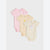 Three short-sleeve baby bodysuits in pastel pink, cream, and pale yellow, arranged diagonally on a light gray background. The cream bodysuit features a cute cartoon koala face graphic.