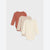 Three long-sleeve baby bodysuits in dusty rose, beige, and cream, arranged in a diagonal stack on a light gray background.