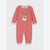 A baby's long-sleeve footless one-piece jumpsuit with red and cream horizontal stripes, featuring a festive reindeer face graphic on the chest with gray antlers and a red nose.