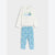 A children's two-piece pajama set featuring an off-white long-sleeve top with a green and blue dinosaur graphic on the chest, paired with light blue pants covered in a small dinosaur print.