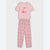 A two-piece children's pajama set featuring a light pink short-sleeve t-shirt with a cherry graphic and matching patterned pants.