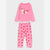 A two-piece children's pajama set in pink, featuring a long-sleeve top with a cartoon unicorn graphic and matching pants with a red heart pattern, displayed on a light gray background.