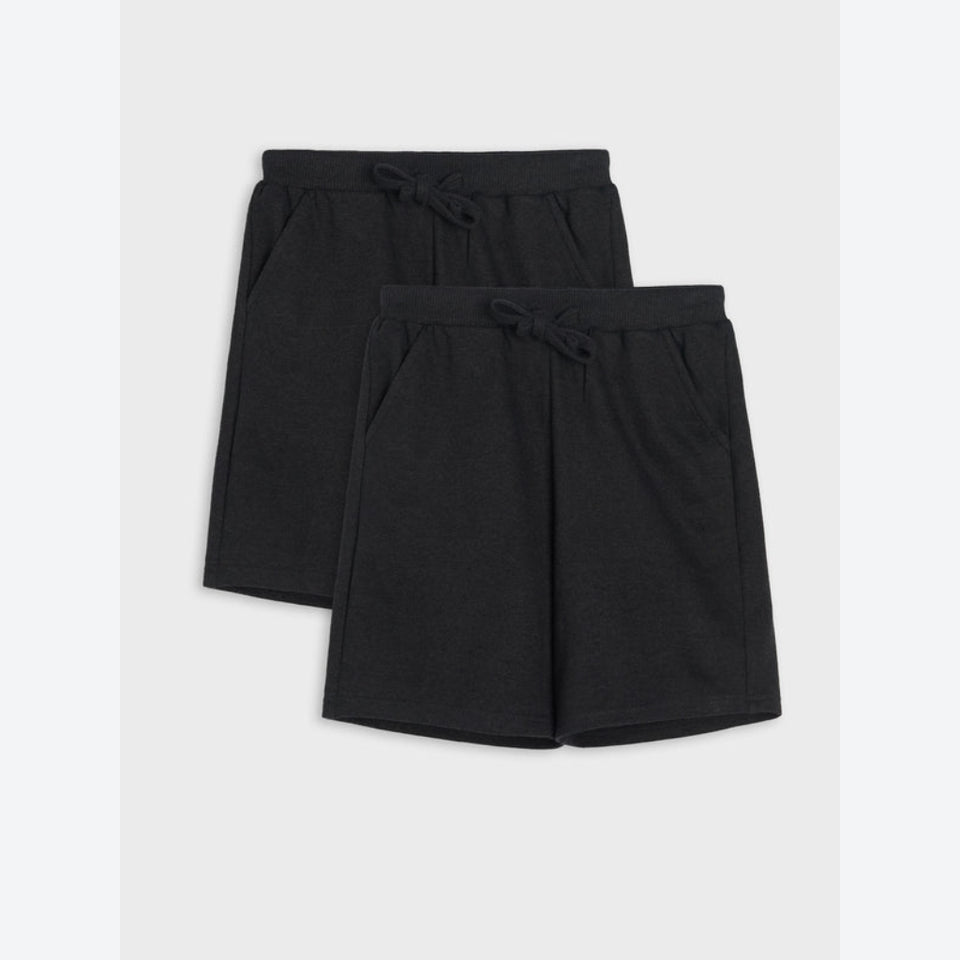 Two pairs of black drawstring shorts with side pockets, displayed in a stacked arrangement on a light gray background.