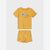 A toddler's two-piece pajama set consisting of a short-sleeve t-shirt and matching shorts in a warm mustard yellow color. The t-shirt features a graphic of two dogs with the text 'with you always' underneath.