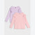 Two long-sleeve knit tops for girls, one in light lavender and one in light pink, both featuring ruffle details on the shoulders, displayed against a light gray background.
