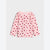 A pink long-sleeve baby top with an all-over raspberry print, featuring ruffle details on the shoulders and a small chest pocket, shown flat on a light gray background.
