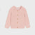 A light pink knit cardigan sweater for toddlers, featuring a round neckline, front button closure with wooden buttons, and ribbed cuffs and hem, shown against a light gray background.